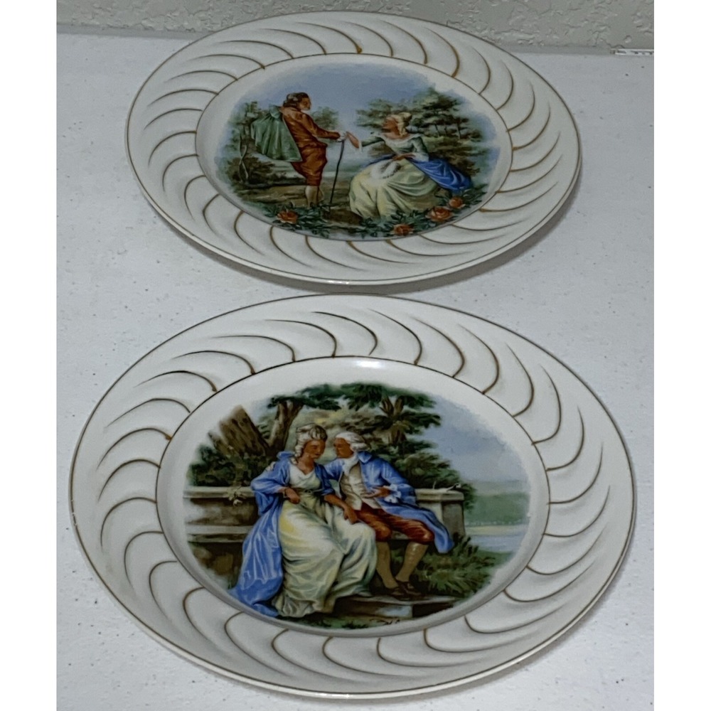 Vintage Made in Occupied Japan Romantic Courting Couple Plates Gold Gilt Set 2